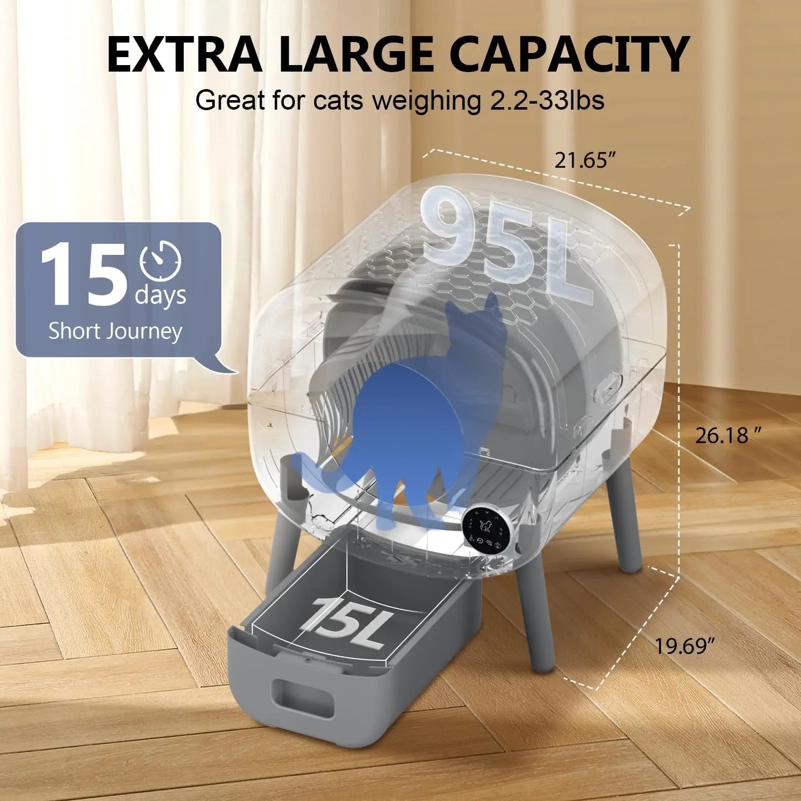 Smart Self Cleaning Cat Litter Box, Large Capacity Automatic with App Control and Safety Protection.