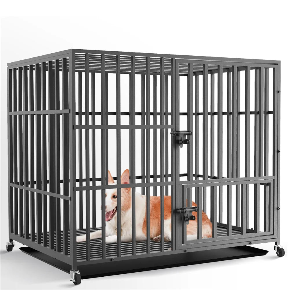 37” 42” 46” Heavy Duty Dog Cage Metal.  Pet Dog Crate 3 Doors Locks.  Kennel Playpen with 4 Wheels and Removable Tray.