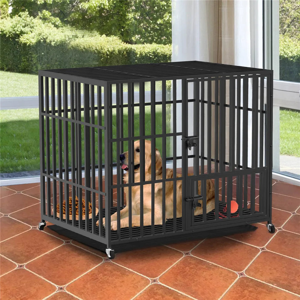 37” 42” 46” Heavy Duty Dog Cage Metal.  Pet Dog Crate 3 Doors Locks.  Kennel Playpen with 4 Wheels and Removable Tray.