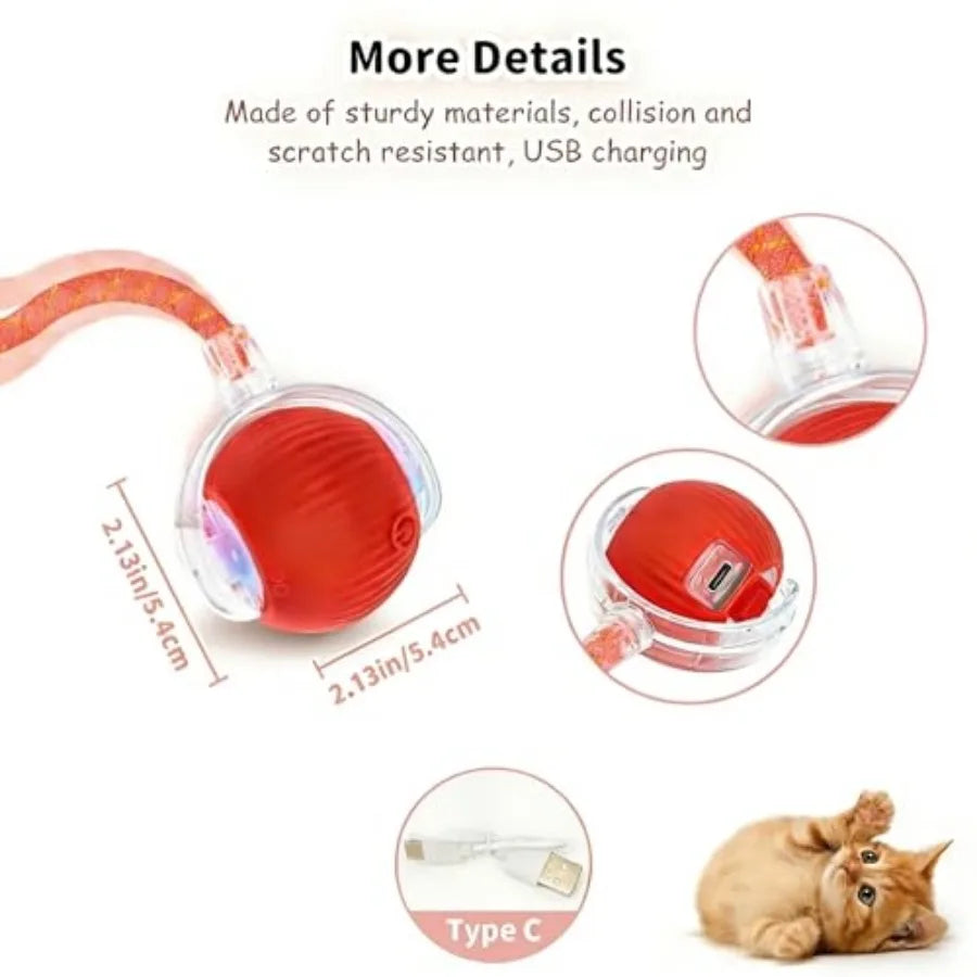 Rechargeable Smart Rolling Cat Ball.  Automatic Interactive Cat Toy with 3 Modes, LED Light and 3 Replaceable Accessories.  Indoor Floors or Carpets are Suitable.