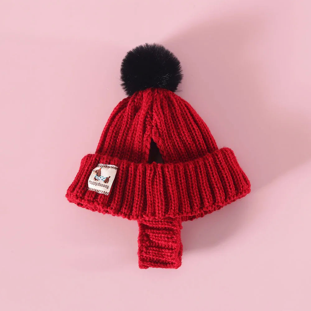 Winter Knitted Dog Hat with Plush Ball and Windproof.