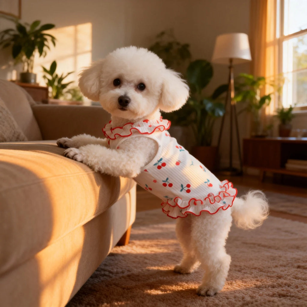 1Piece Cute Cherry Ruffle Dress for Small Dogs, Comfortable Anti-Static Dog Skirt for Summer.
