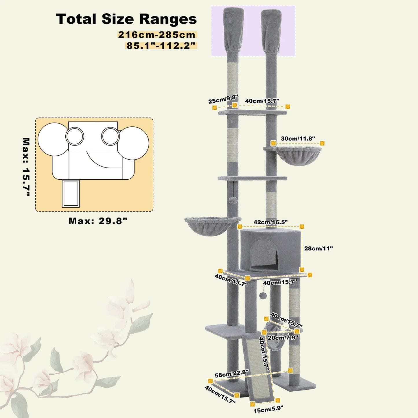 Floor to Ceiling Cat Tree with Scratching Posts and a Hammock for Indoor Cats with Toys.