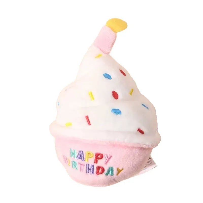 Dog Birthday Cake Squeaky Toy with Colorful Candles.      Durable Funny Stuffed Chew for Large Breeds Birthday Gift