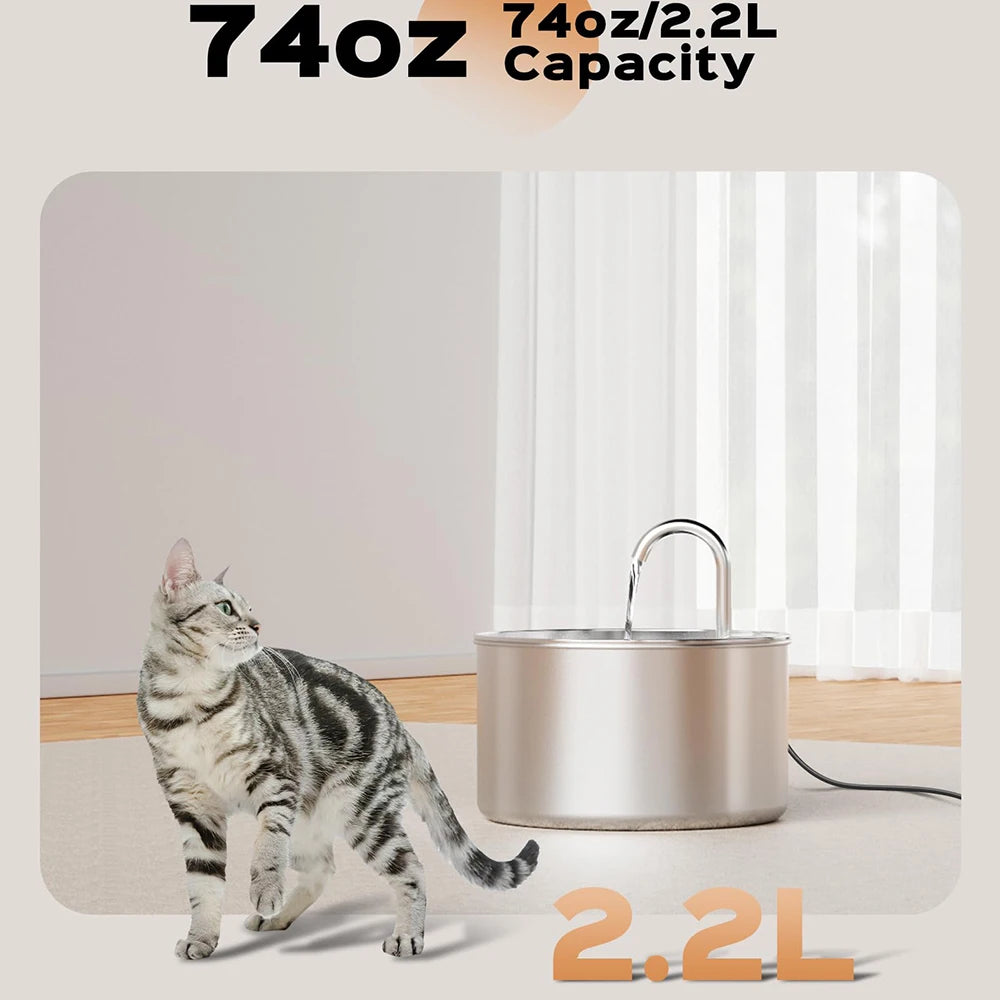 2.2L/74oz Stainless Steel Cat Water Fountain, Has Continuous Circulating Water Bowl for Cats & Small Dogs.