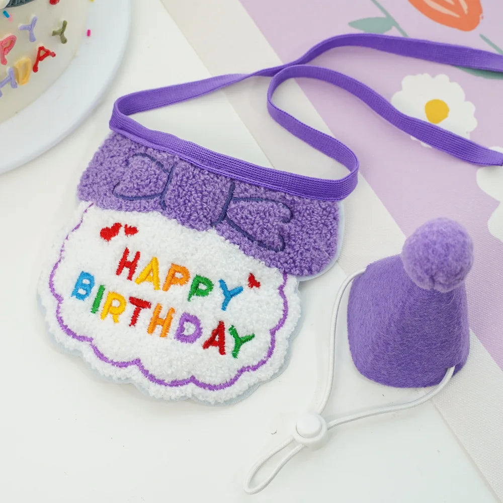 Pet Birthday Hat and Adjustable Scarf Set.  Cat and Dog Birthday Mini Pet Saliva Towels.