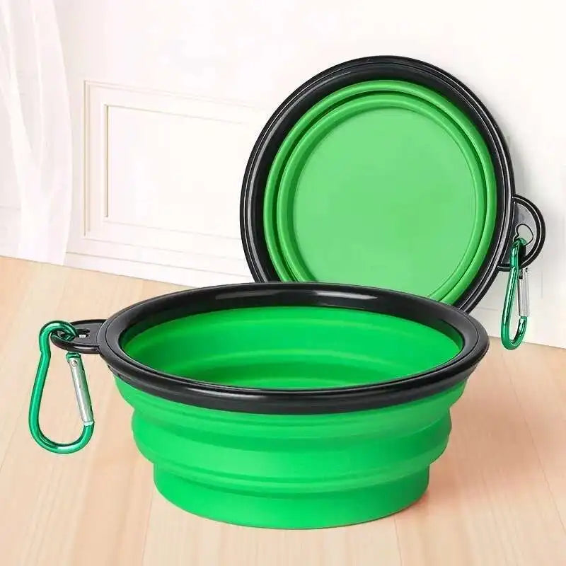 2 in 1 Collapsible Double Dog Travel Bowl.  Folding Bowl Allows One Side for Food and the Other for Water.