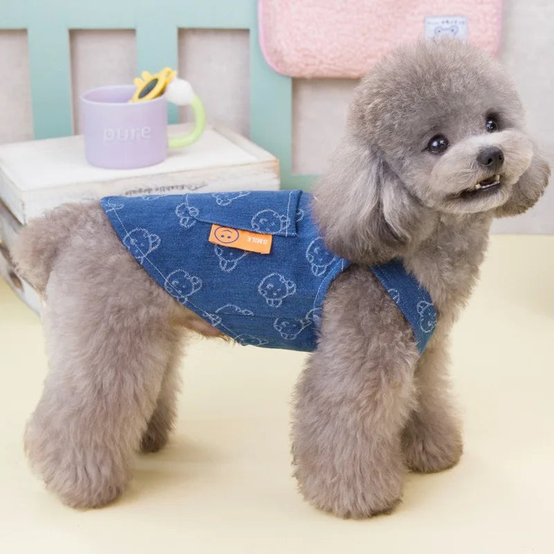 Dog Denim Dress or Dark Wash Jeans Vest Tutu Skirts with Leash D-ring, Summer Clothes for Small Dogs.