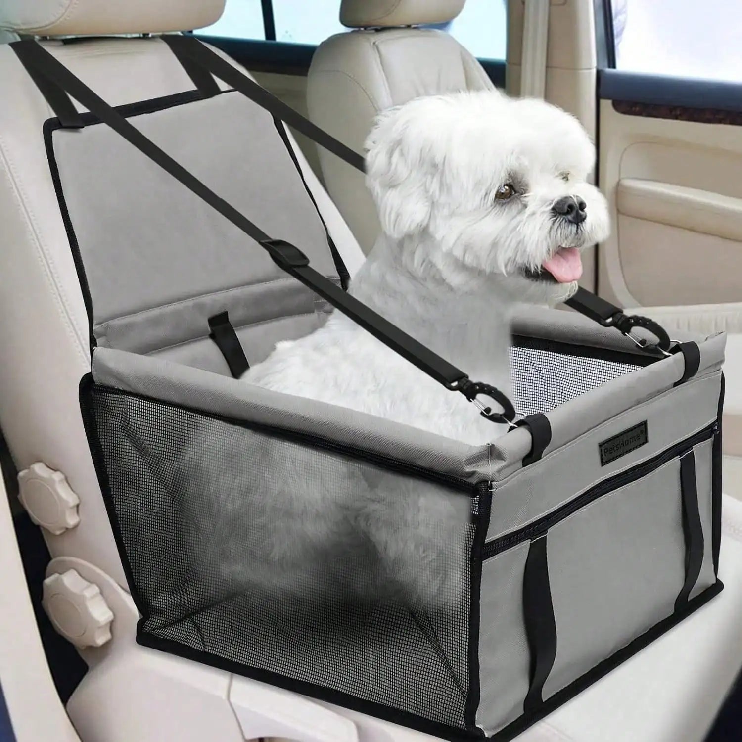Pet Car Booster Seat is Foldable, Waterproof,  Breathable Oxford Travel Bag for Small to Medium Dogs and Puppies.