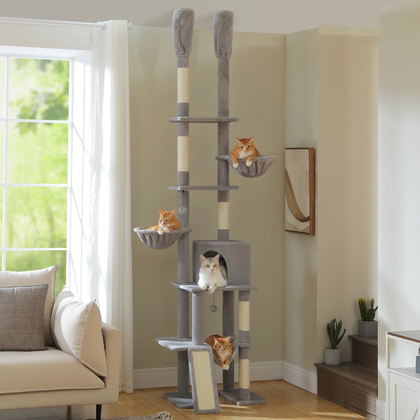 Floor to Ceiling Cat Tree with Scratching Posts and a Hammock for Indoor Cats with Toys.