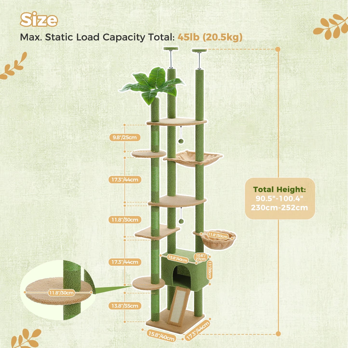 Floor to Ceiling Cat Tree with Scratching Posts and a Hammock for Indoor Cats with Toys.