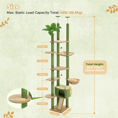 Floor to Ceiling Cat Tree with Scratching Posts and a Hammock for Indoor Cats with Toys.