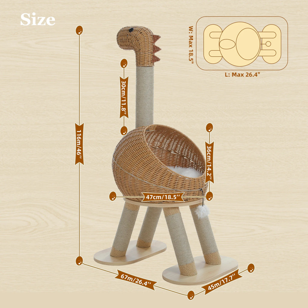 Dinosaur Cat Tree Tower with Sisal Scratching Post.  Large Rattan Cat Condo has Indoor Wicker Cat Bed with Removable Mat and Cat Toys.
Cats up to 20 lbs.