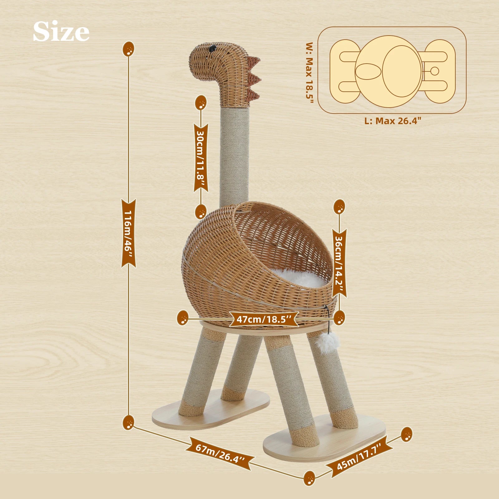 Dinosaur Cat Tree Tower with Sisal Scratching Post.  Large Rattan Cat Condo has Indoor Wicker Cat Bed with Removable Mat and Cat Toys.
Cats up to 20 lbs.