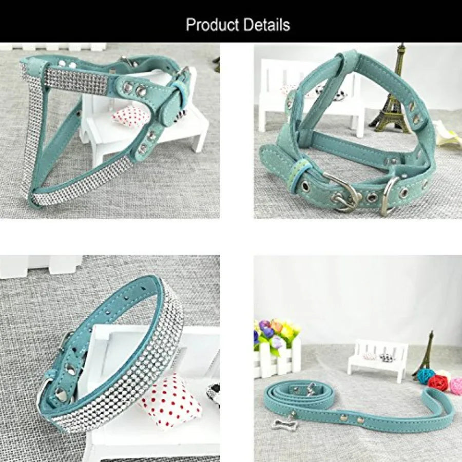 Dog Collar with Harness and Leash Sets.  Fashion Dog Collar Diamante with Harnesses and Leashes. Comfortable Soft Collar Harness and Leash.