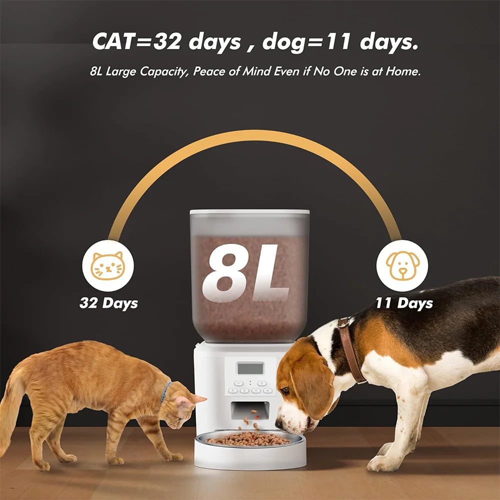 8 L Automatic Cat Feeder, Smart Pet Food Dispenser with Key Control, Voice Recorder, Dual Power Supply, Timed Auto Dog Feeder with Stainless Steel Bowl.