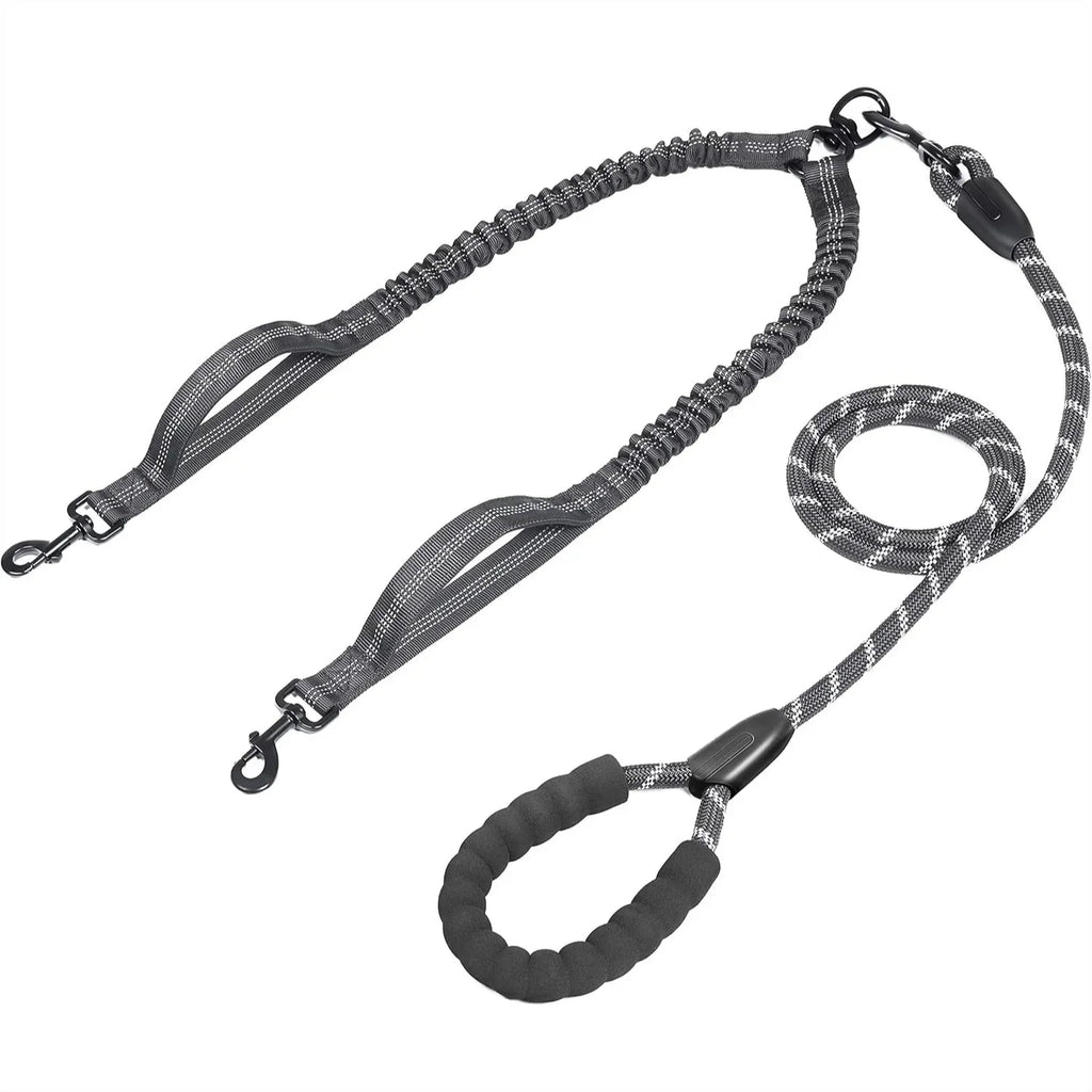 Double Dog Leash With Two Extra Traffic Handles. 360 Swivel No Tangle Dual Dog Walking Leash, Comfortable Shock Absorbing Reflective Bungee For Two Dogs 18-120 lbs.