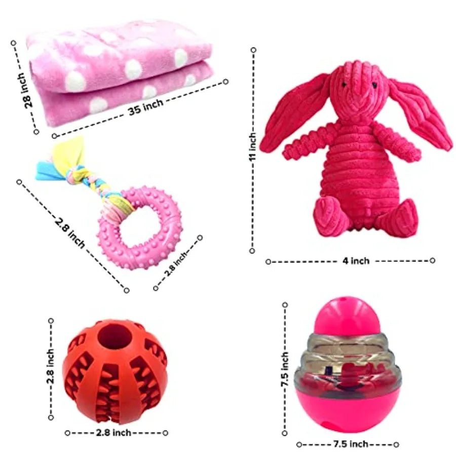 Puppy Starter Kit 5 Piece Toy Gift Set for Small Dogs:  Blanket, Squeaky Plush Toy, Chew Ring, Treat Ball and Feed Ball.