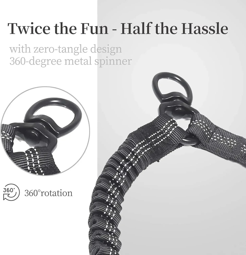Double Dog Leash With Two Extra Traffic Handles. 360 Swivel No Tangle Dual Dog Walking Leash, Comfortable Shock Absorbing Reflective Bungee For Two Dogs 18-120 lbs.