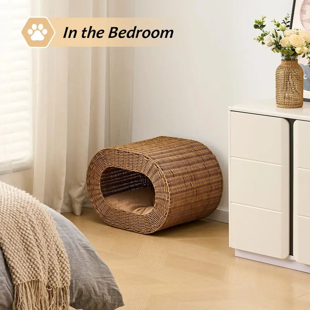 Cat House, Handwoven Cat Cave Pet Cube.  Rattan Cat Beds Indoor Kitten House with Double-Sided Soft Cushions,