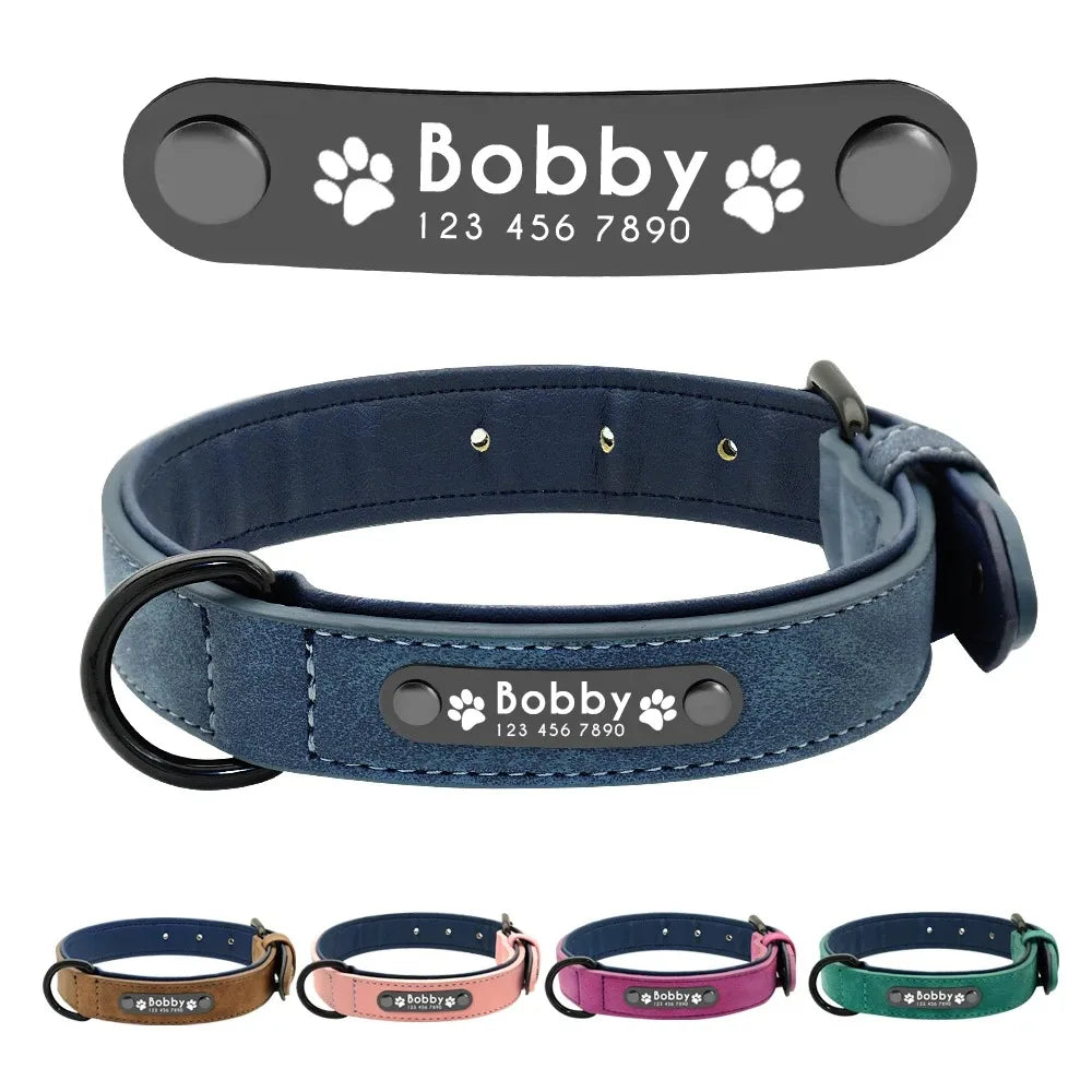 Personalized Name ID Tag Leather Dog Collar for Small, Medium and Large Dogs.
