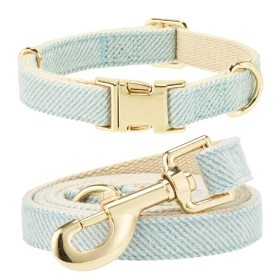 Luxury Soft Cotton Tweed Fabric Dog Collar and Leash Set with Gold Buckle.  Durable Fabric and  Stylish Design for Everyday Walks.