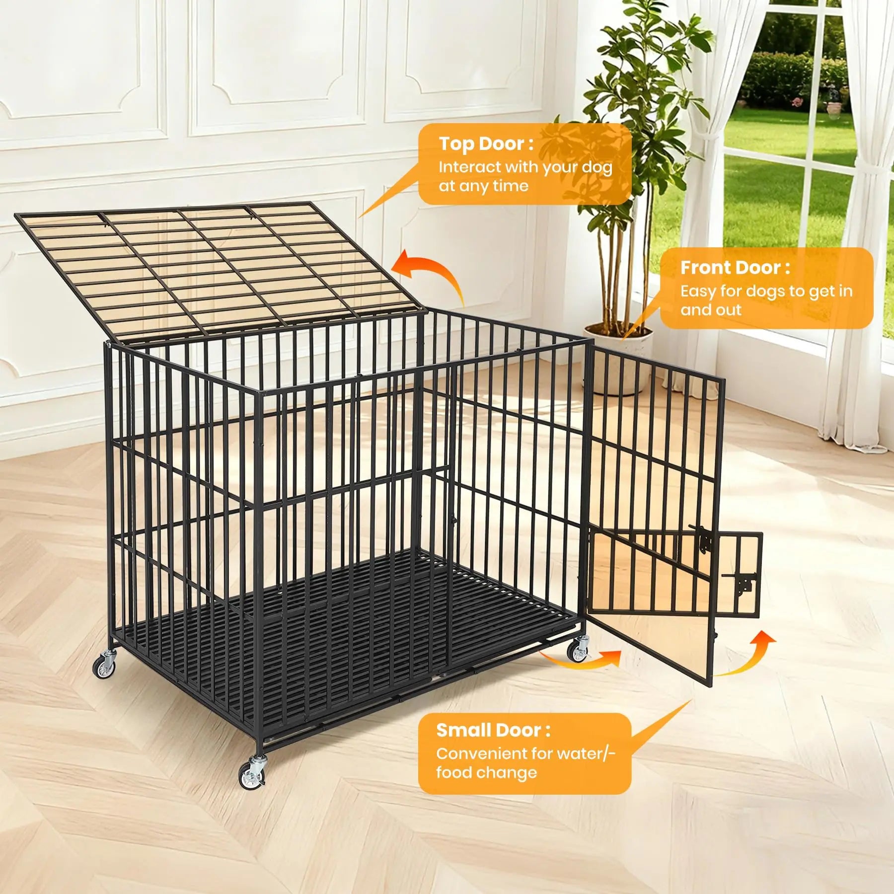 Heavy Duty Metal Dog Crate with 3 Doors, Removable Tray, for M/L Breeds.