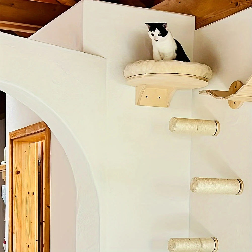 Cat Wall Mounted Wooden Climbing Ladder and Cat Hammock(extra) with Scratching Post and Perches.