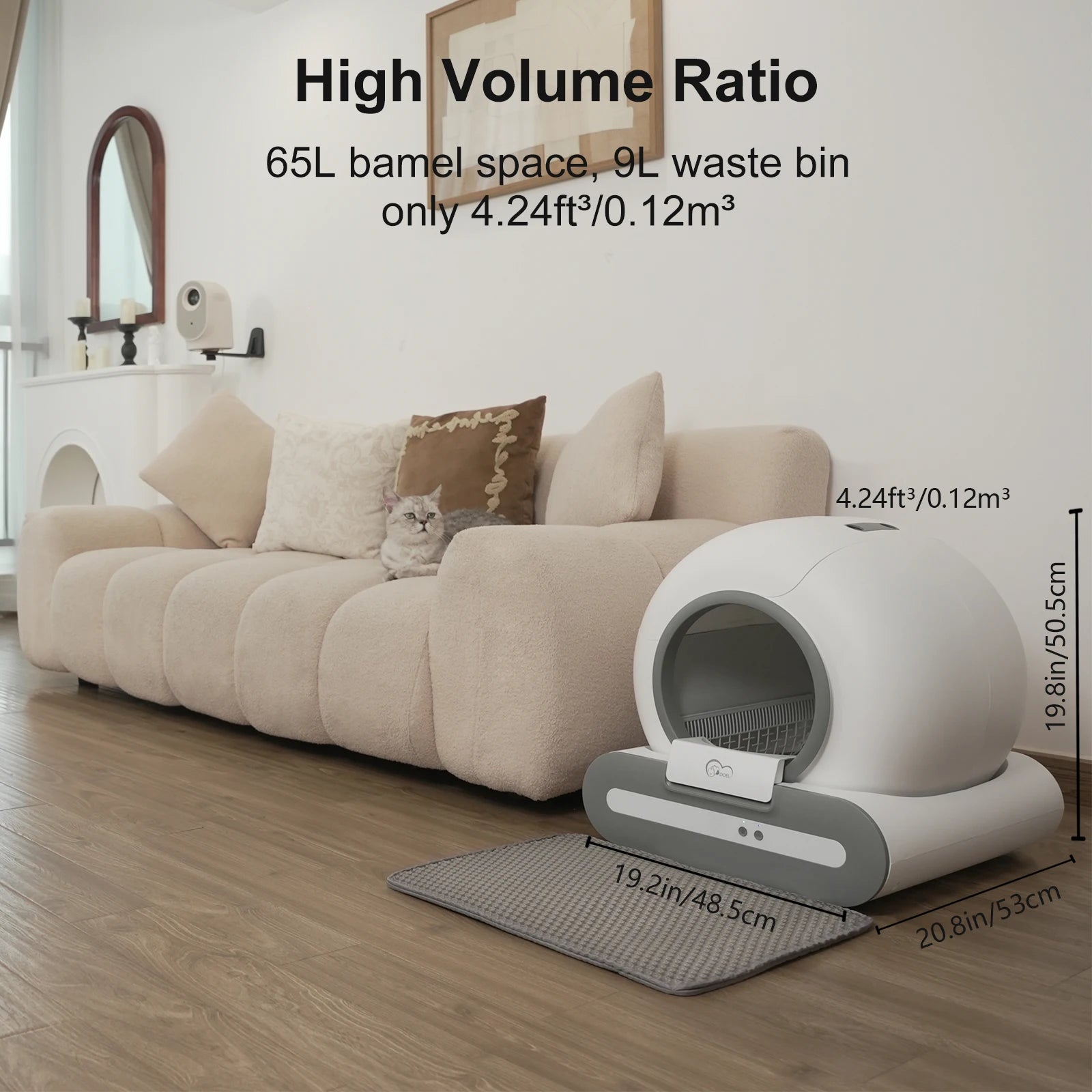 65L Self-Cleaning Cat Litter Box.  Only Supports 2.4G Wi-Fi.  Comes with Litter Mat & Trash Bags.