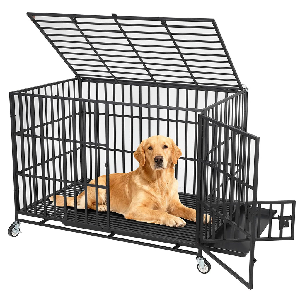 Heavy Duty Metal Dog Crate with 3 Doors, Removable Tray, for M/L Breeds.