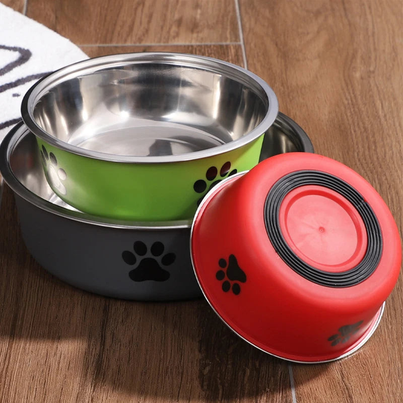 A Pet Stainless Steel Bowl  with  Paw Prints.