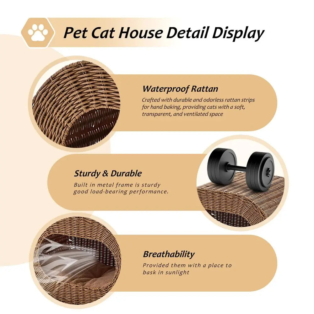 Cat House, Handwoven Cat Cave Pet Cube.  Rattan Cat Beds Indoor Kitten House with Double-Sided Soft Cushions,