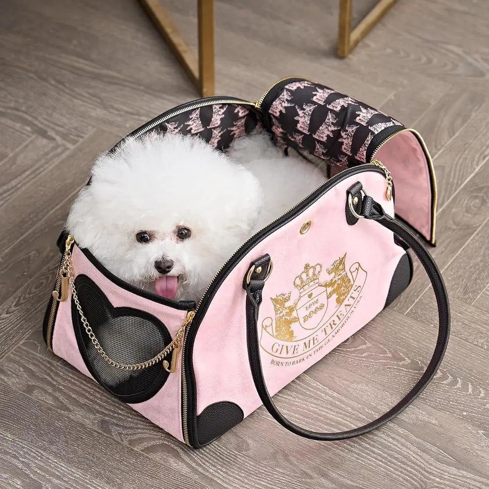 Give Me Treats Pet Carrier - Stylish Pink Travel Bag for Small Dogs and Cats.