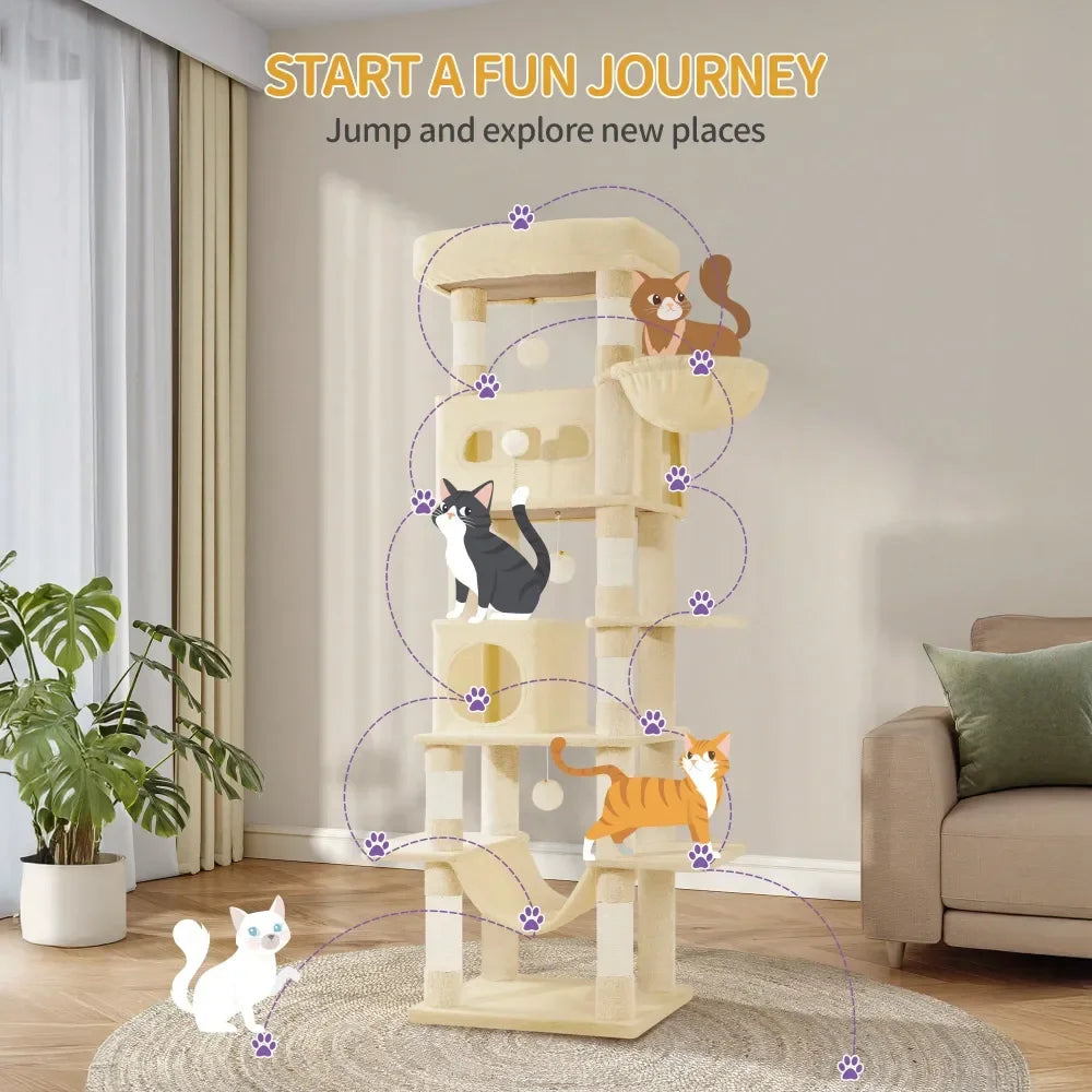 Large Tall Cat Tree Tower For Indoor Cats, Cat House Condo, with Scratching Posts Hammock, and Pom-Poms.