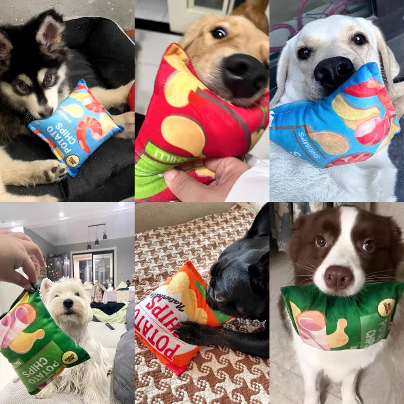 Funny Dog Toy Crisps Plush Filled with Squeaky Toy and Sounding Paper for Small and Medium Dogs.