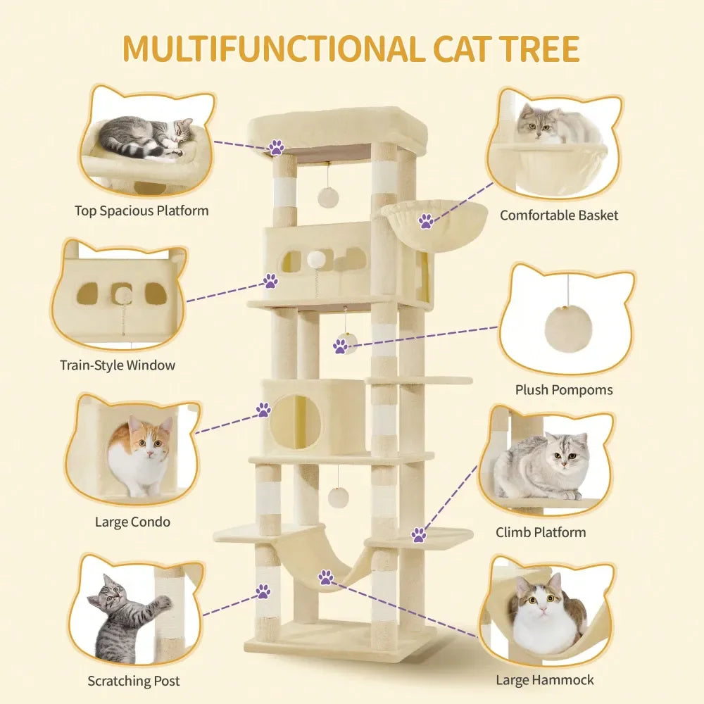 Large Tall Cat Tree Tower For Indoor Cats, Cat House Condo, with Scratching Posts Hammock, and Pom-Poms.