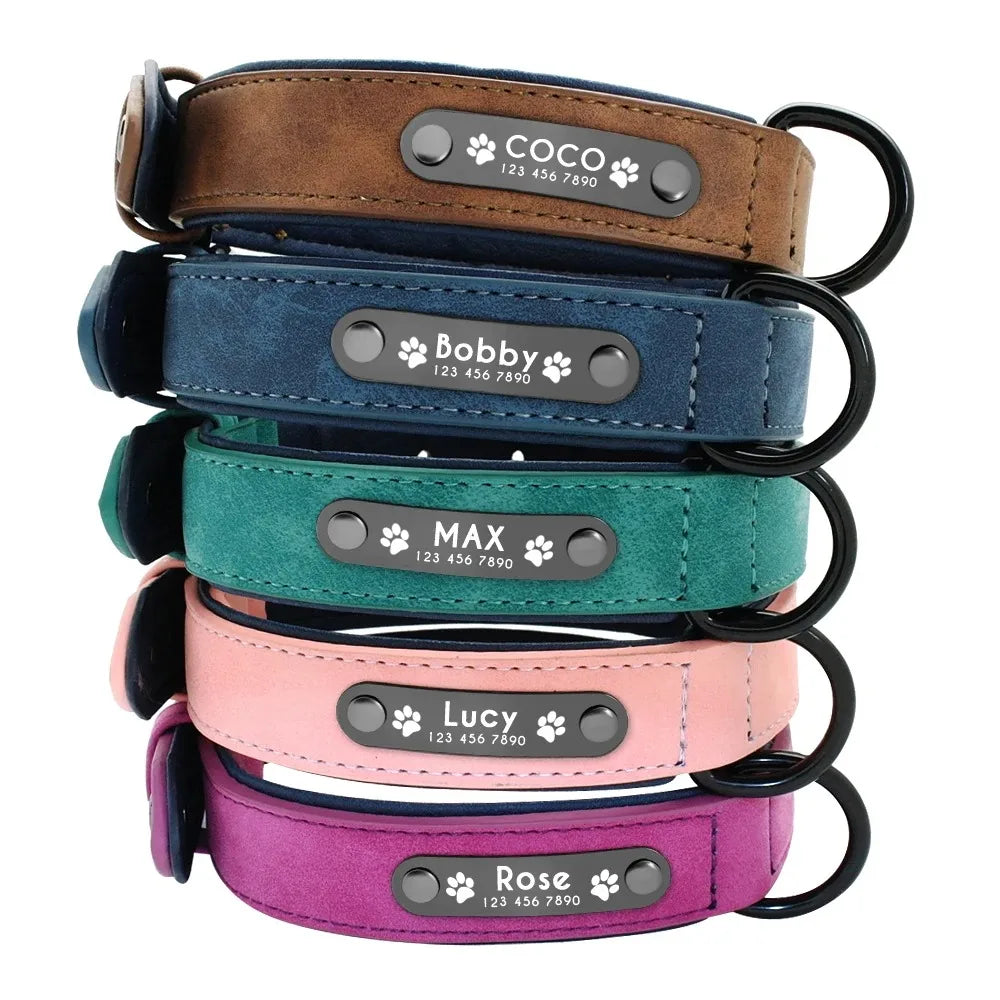 Personalized Name ID Tag Leather Dog Collar for Small, Medium and Large Dogs.