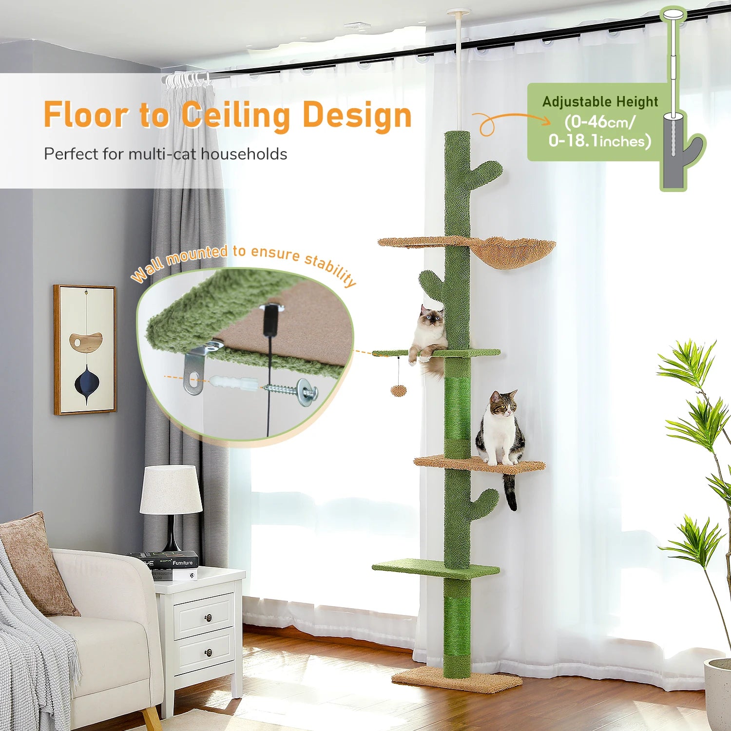 Cat Tower Cactus Tree with Scratching Post,  Hammock and Dangling Ball for Indoor Cats.