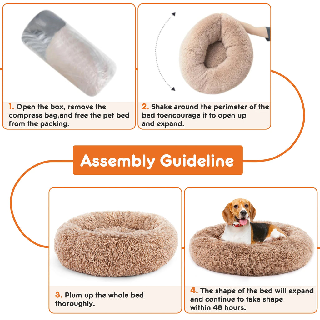 Calming Dog Bed for Medium to Large Dogs Anti-Slip Round Plush Faux Fur Dog Bed.
