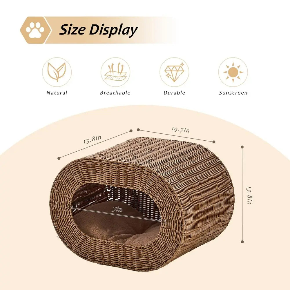 Cat House, Handwoven Cat Cave Pet Cube.  Rattan Cat Beds Indoor Kitten House with Double-Sided Soft Cushions,