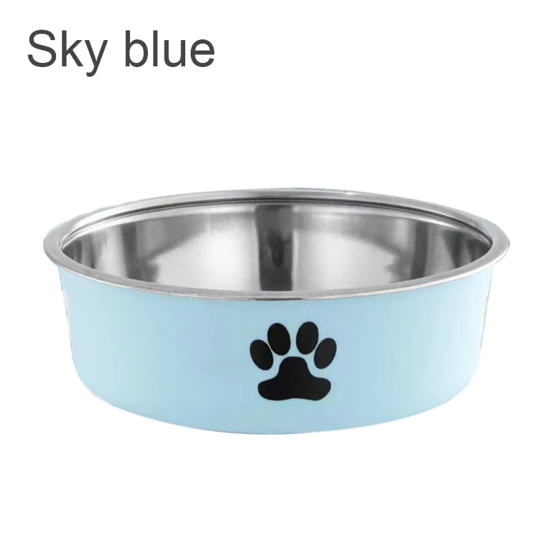 A Pet Stainless Steel Bowl  with  Paw Prints.