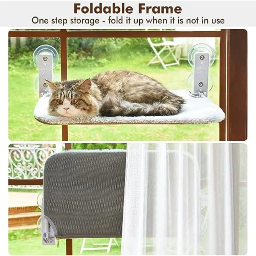 Cordless Cat Window Perch, Cat Hammock for Wall with 4 Suction Cups, Anchor and Screw for Two Ways of Installation.