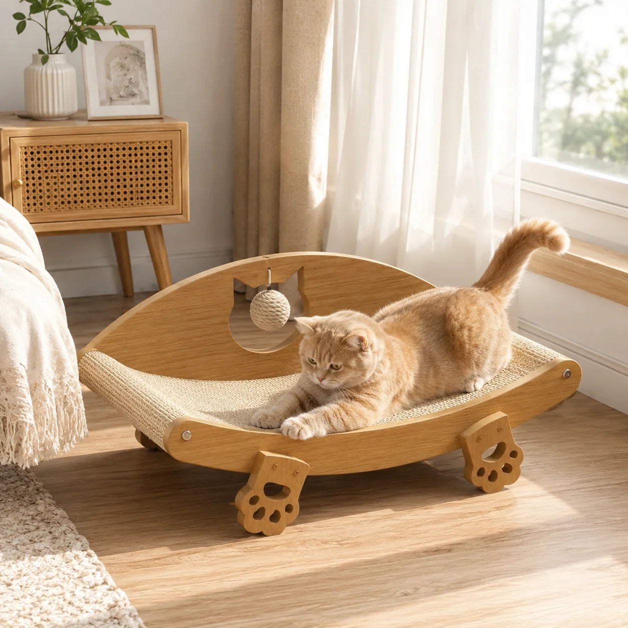 Large Sisal Cat Scratching Lounge Chair with Ball Toy, Wooden Rocking Sofa Bed for Indoor Cats to Scratch, Rest and Play.