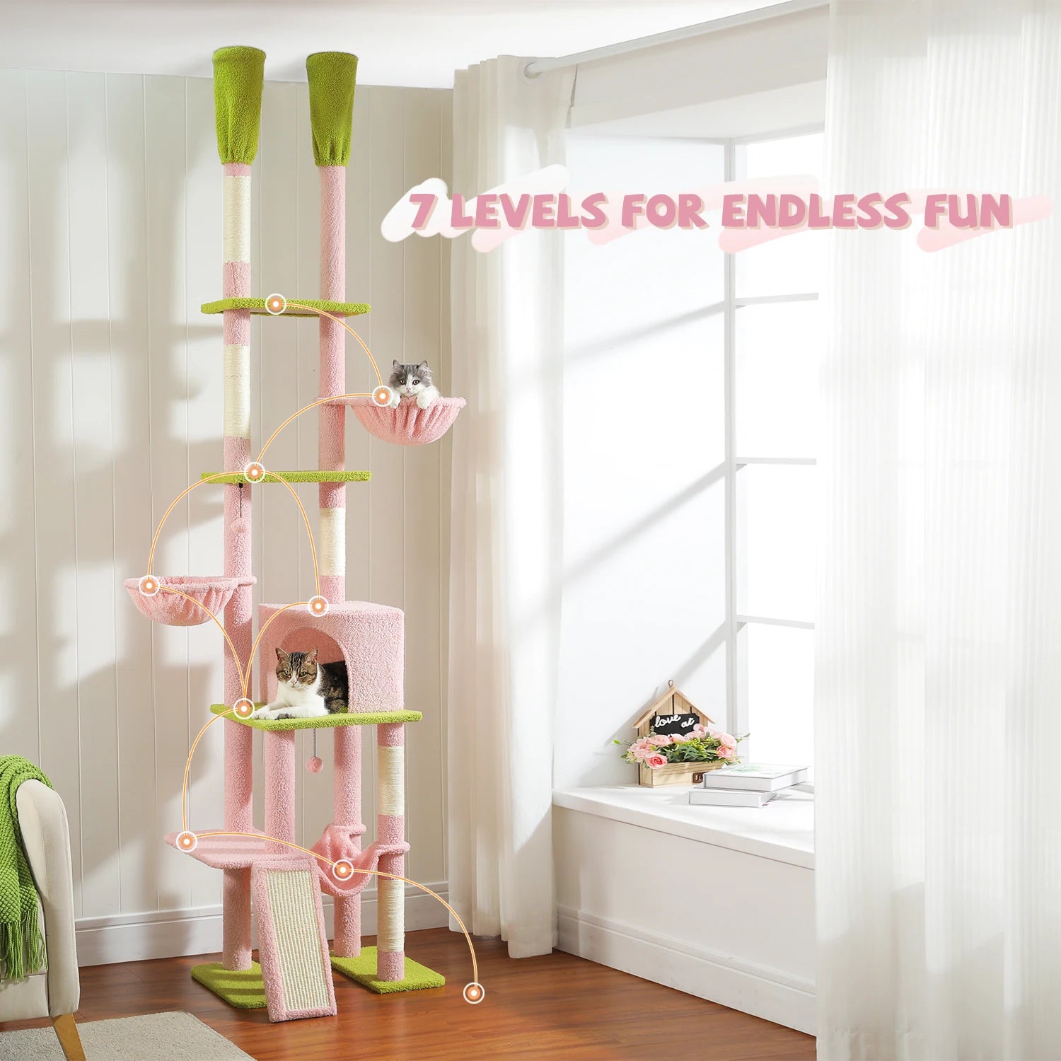 Cactus Cat Tree Tower 7 Tiers Cat Climbing Tree with Hammocks, Condos, Scratching Posts, Ladder and Cat Toys.
