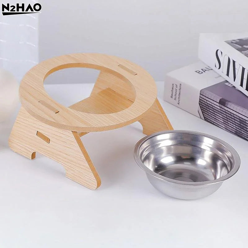Elevated Cat Bowls 15° Tilted Raised Bowls.  Wooden Stand and Stainless Steel Bowls for Cats And Puppies.