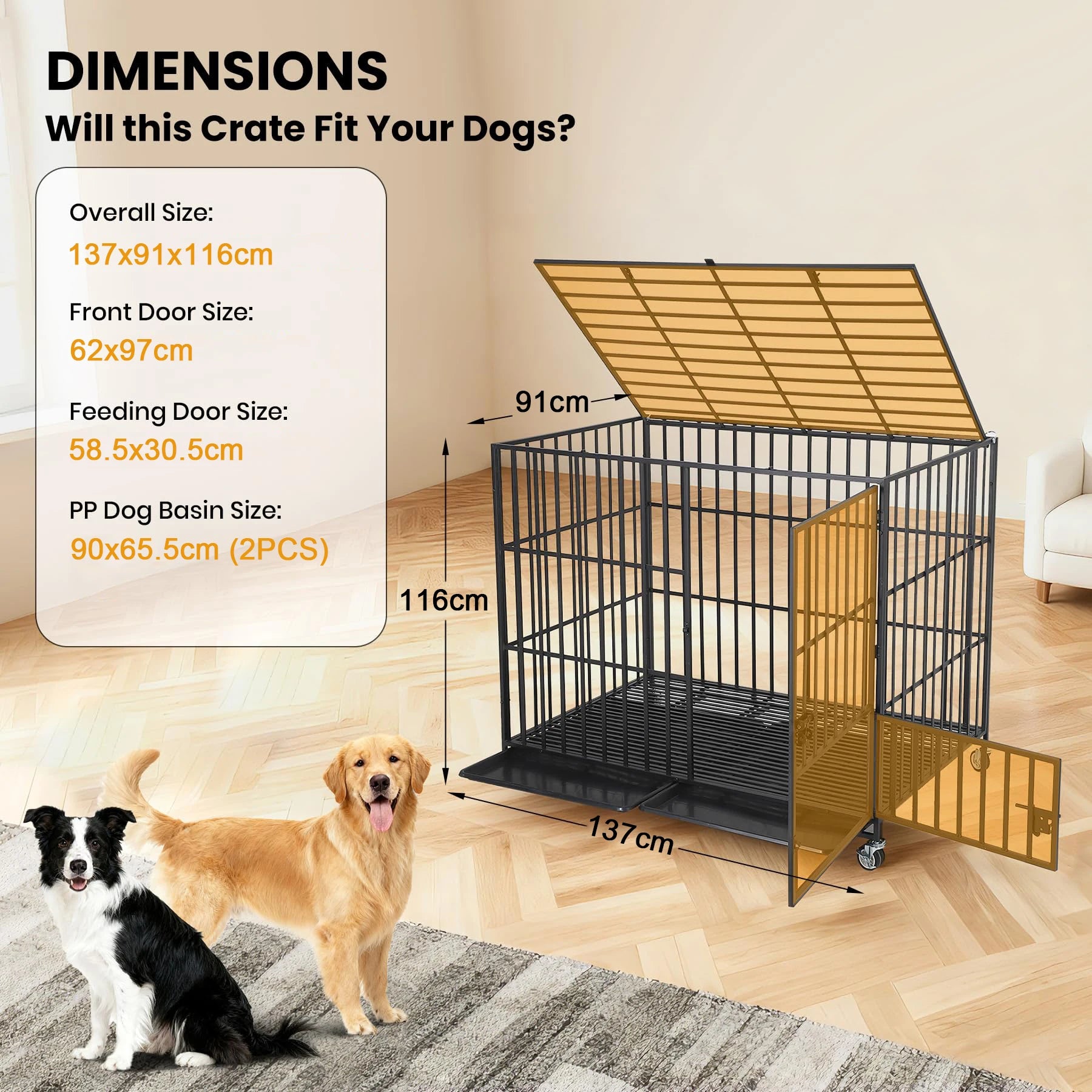 Heavy Duty Metal Dog Crate with 3 Doors, Removable Tray, for M/L Breeds.