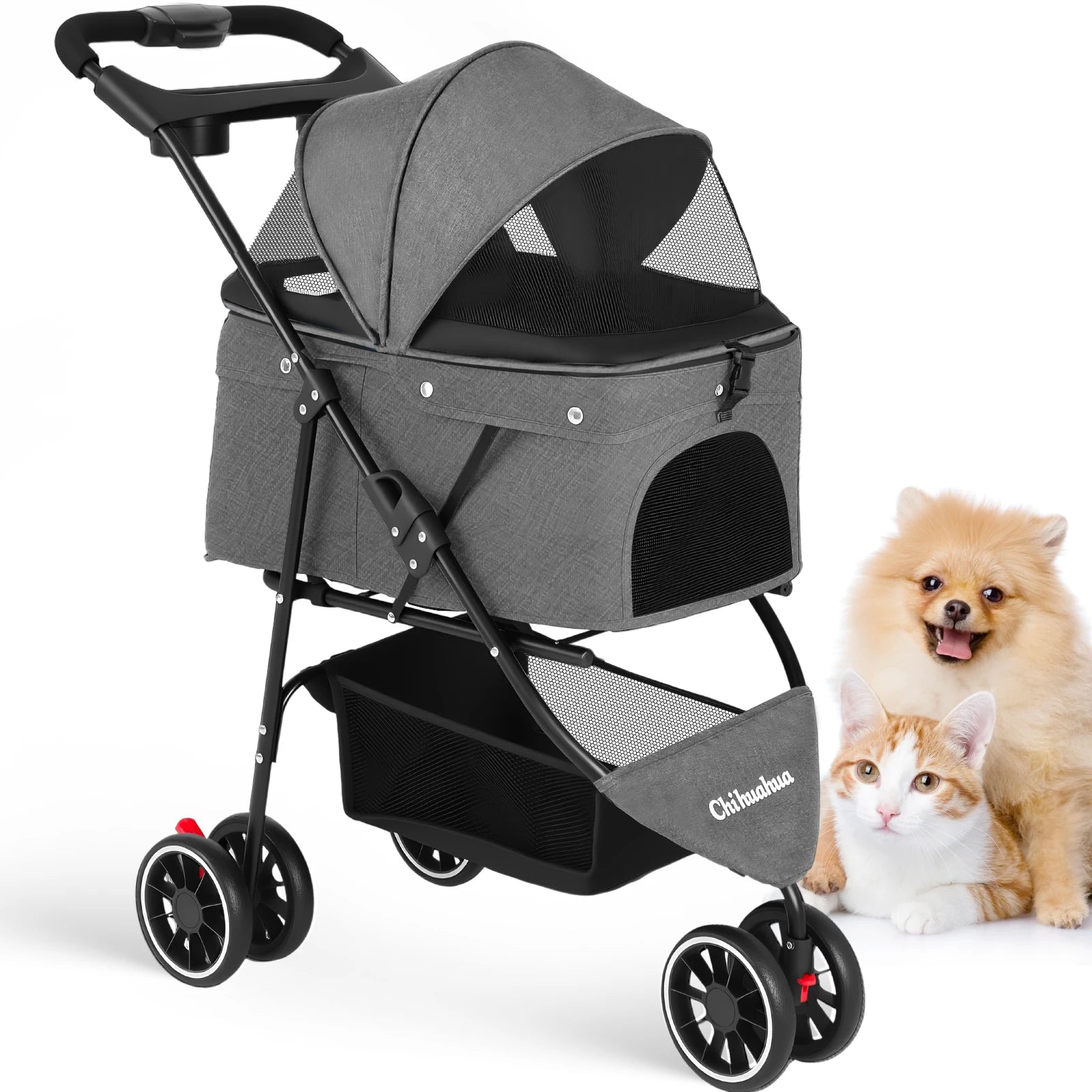Three Wheels Pet Stroller for Puppies, Medium Dogs and Cats.