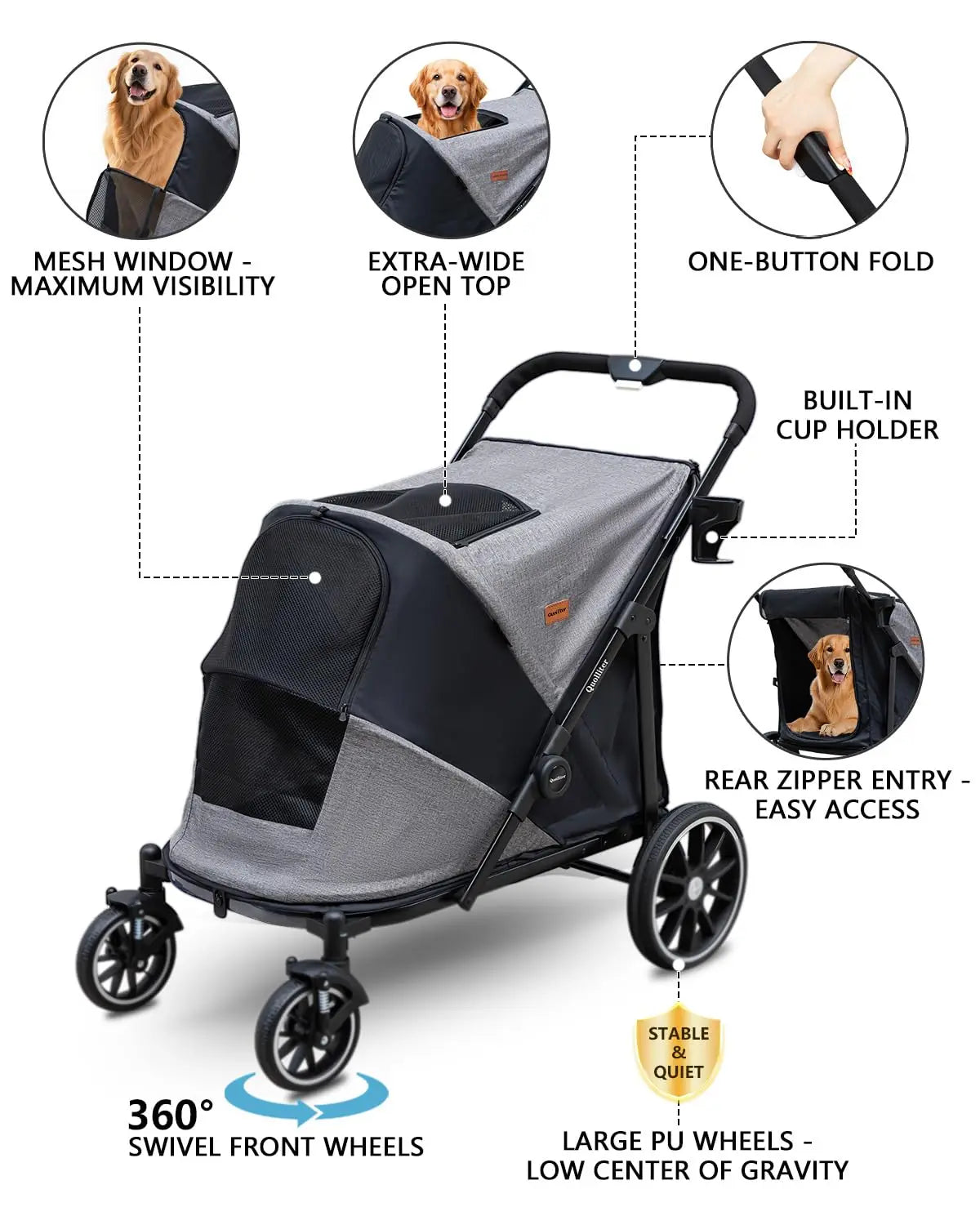 All-Terrain Pet Walking Stroller. Wear-Resistant Rubber Wheels, Air Mesh, Foldable Pet Stroller for Large Dogs & Cats up to 130 lb.