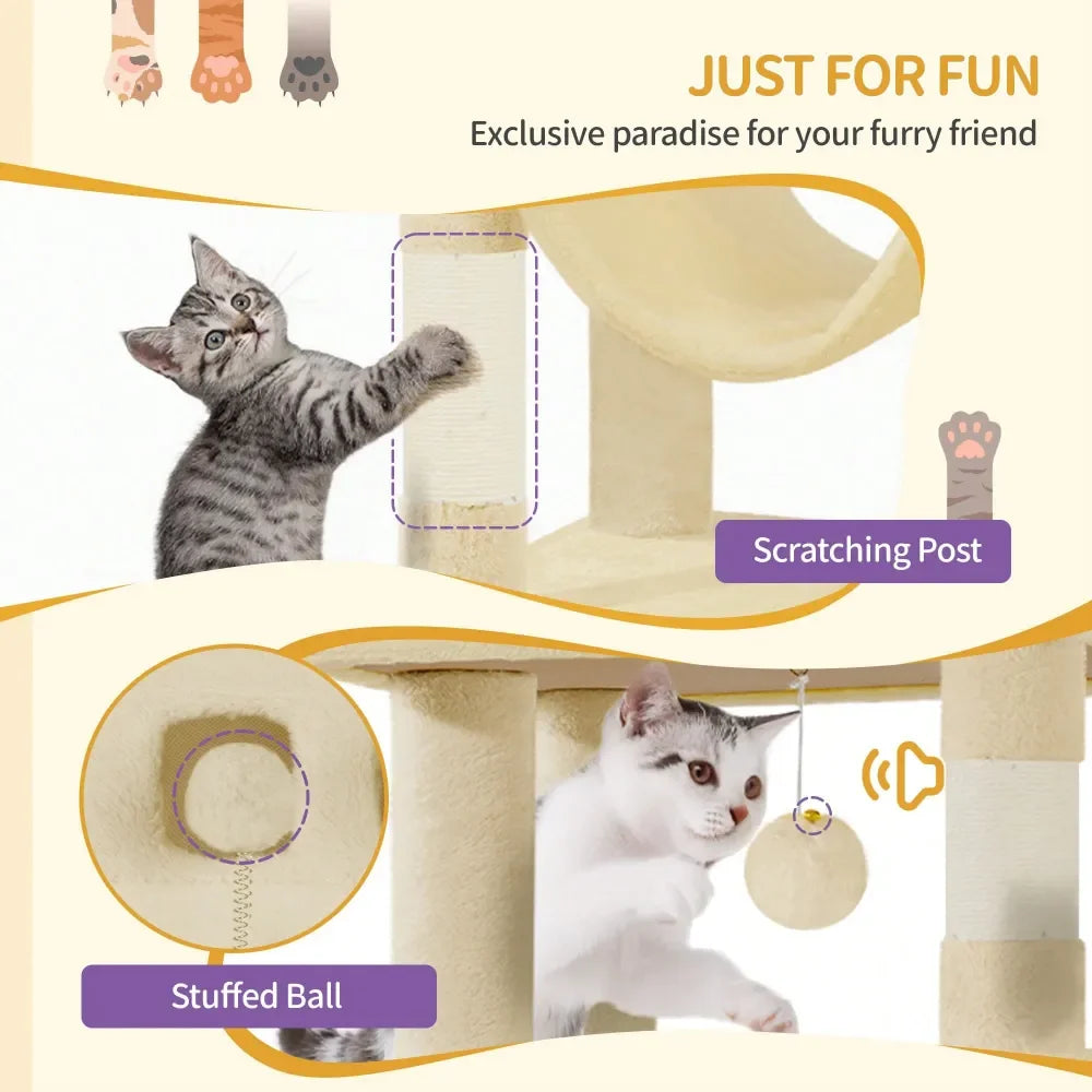 Large Tall Cat Tree Tower For Indoor Cats, Cat House Condo, with Scratching Posts Hammock, and Pom-Poms.