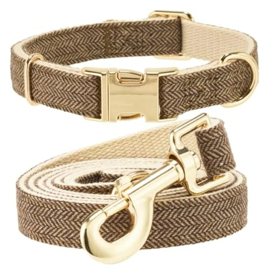 Luxury Soft Cotton Tweed Fabric Dog Collar and Leash Set with Gold Buckle.  Durable Fabric and  Stylish Design for Everyday Walks.